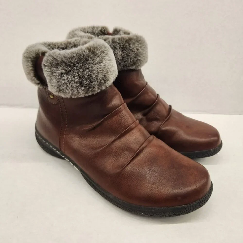 Westwind Brown Faux Fur Collar Ankle Boots‎ Women's Size 8M Winter Casual Shoes